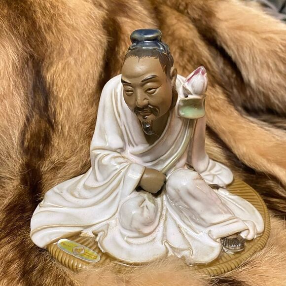 Shiwan Clay Glazed Mudman Seated Man in White Robe with Lotus Flower | Chinese - Picture 1 of 9